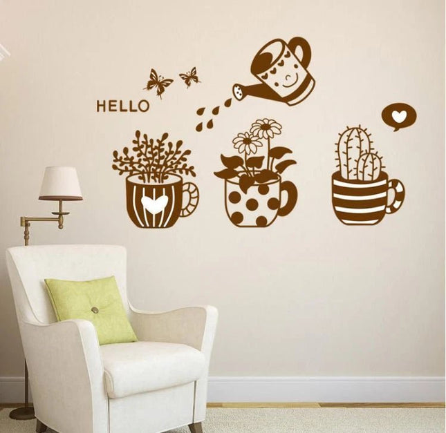 Cute Plant Removable Wall Sticker – Watering Can & Potted Plant Decal - Go2buy Australia