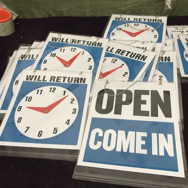 Double - Sided Open & Will Return Business Sign - Weather Resistant Plastic Shop Clock Sign - Go2buy Australia