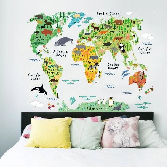 Educational Kids World Map Animal Wall Sticker - Go2buy Australia