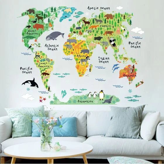 Educational Kids World Map Animal Wall Sticker - Go2buy Australia