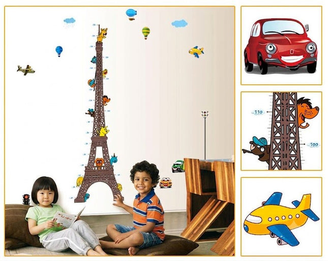 Eiffel Tower Kids Height Chart Wall Sticker - Cartoon Animals & City Traffic Growth Tracker Decal - Go2buy Australia