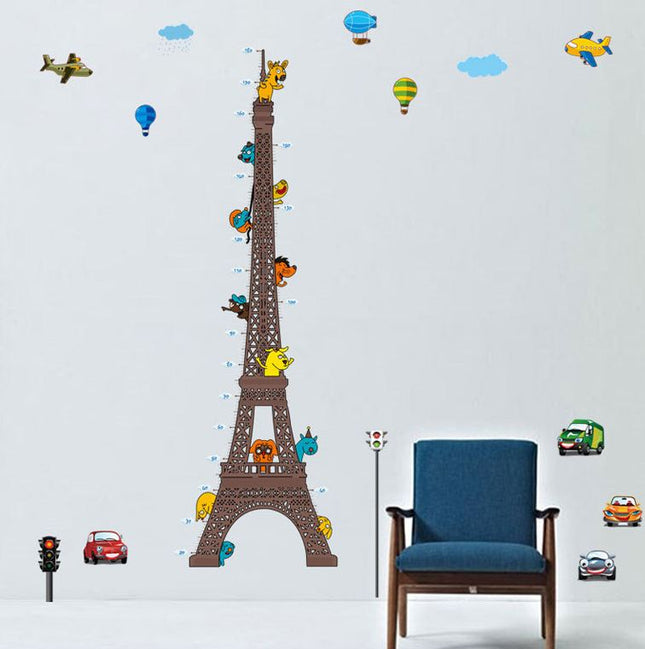 Eiffel Tower Kids Height Chart Wall Sticker - Cartoon Animals & City Traffic Growth Tracker Decal - Go2buy Australia