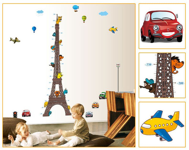 Eiffel Tower Kids Height Chart Wall Sticker - Cartoon Animals & City Traffic Growth Tracker Decal - Go2buy Australia