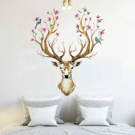 Floral Deer Head Removable Wall Sticker – Watercolour Nature Wall Decal - Go2buy Australia