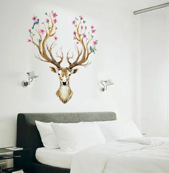 Floral Deer Head Removable Wall Sticker – Watercolour Nature Wall Decal - Go2buy Australia