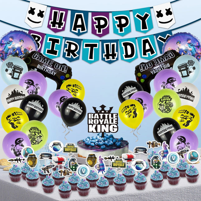 Fortnite Gaming Birthday Party Supplies Set – Banner, Foil Balloons & Toppers (55 Pcs) - Go2buy Australia