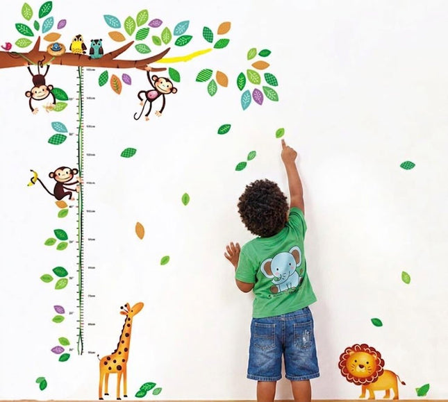 Jungle Animals Height Chart Wall Sticker - Playful Monkey & Giraffe Growth Tracker Decal for Kids Room - Go2buy Australia