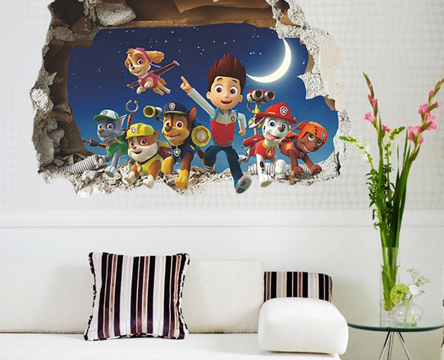 PAW Patrol 3D Night Sky Wall Sticker - Chase, Marshall & Skye Broken Wall Decal for Kids Bedroom - Go2buy Australia