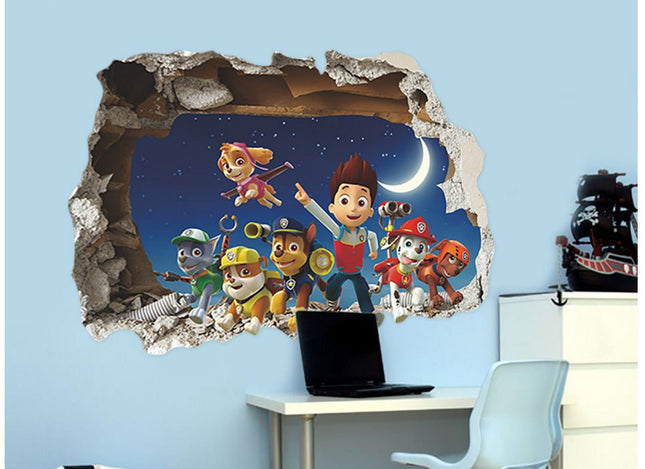 PAW Patrol 3D Night Sky Wall Sticker - Chase, Marshall & Skye Broken Wall Decal for Kids Bedroom - Go2buy Australia
