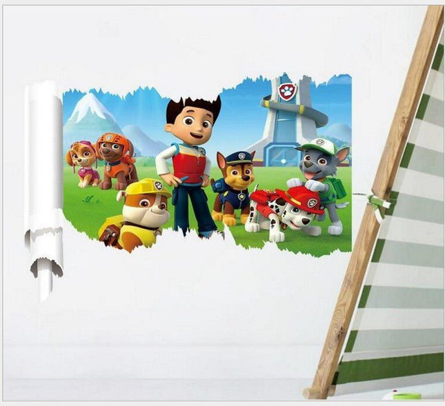 PAW Patrol 3D Wall Hole Sticker - Chase, Marshall & Skye Lookout Tower Broken Wall Decal for Kids Bedroom - Go2buy Australia