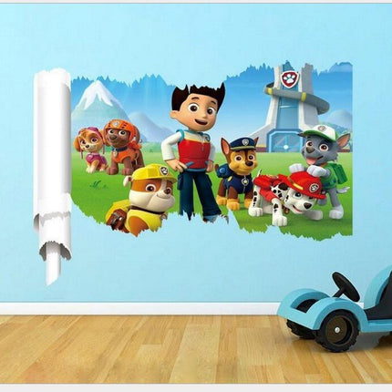 PAW Patrol 3D Wall Hole Sticker - Chase, Marshall & Skye Lookout Tower Broken Wall Decal for Kids Bedroom - Go2buy Australia