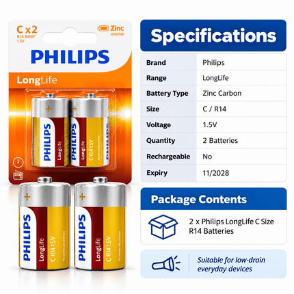 Philips LongLife Zinc Carbon C Size R14 1.5V Batteries – 12 Pack - Go2buy Australia