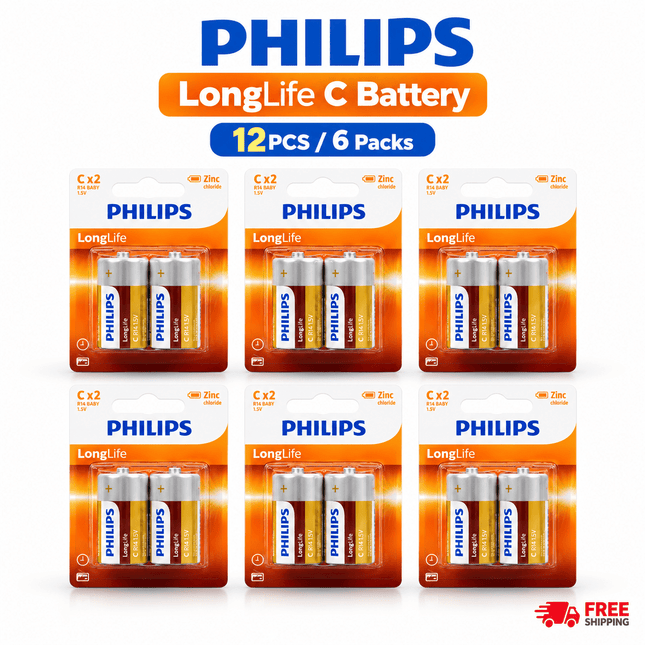 Philips LongLife Zinc Carbon C Size R14 1.5V Batteries – 12 Pack - Go2buy Australia
