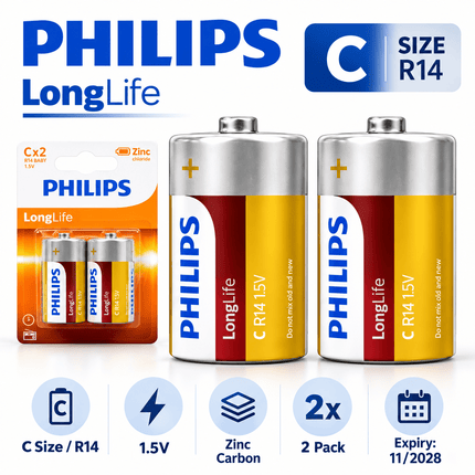 Philips LongLife Zinc Carbon C Size R14 1.5V Batteries – 12 Pack - Go2buy Australia