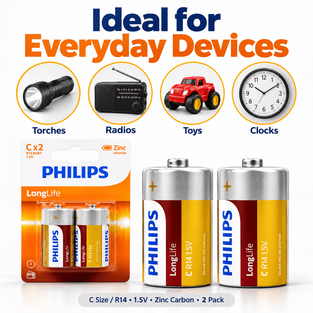 Philips LongLife Zinc Carbon C Size R14 1.5V Batteries – 12 Pack - Go2buy Australia