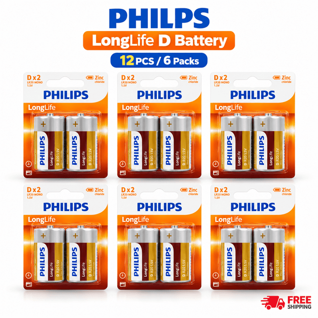 Philips LongLife Zinc Carbon D Size R20 1.5V Batteries – 12 Pack - Go2buy Australia