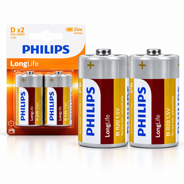 Philips LongLife Zinc Carbon D Size R20 1.5V Batteries – 12 Pack - Go2buy Australia