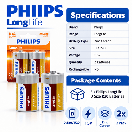 Philips LongLife Zinc Carbon D Size R20 1.5V Batteries – 12 Pack - Go2buy Australia