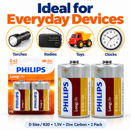 Philips LongLife Zinc Carbon D Size R20 1.5V Batteries – 12 Pack - Go2buy Australia