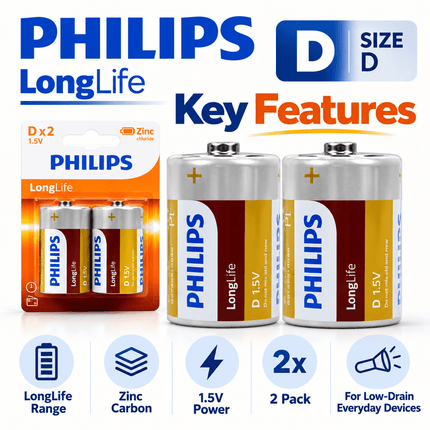 Philips LongLife Zinc Carbon D Size R20 1.5V Batteries – 12 Pack - Go2buy Australia