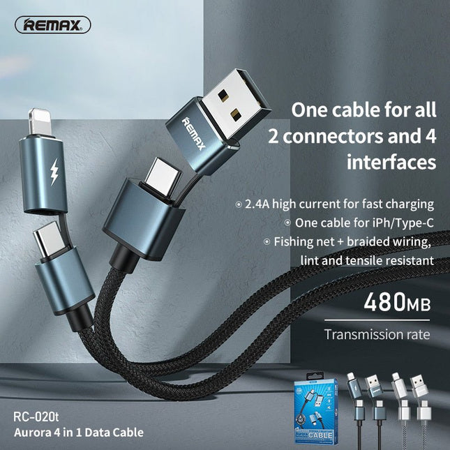 Remax RC - 020t Aurora 4 - in - 1 60W USB - A/C to USB - C/Lightning Fast Charging Cable - Black - Go2buy Australia