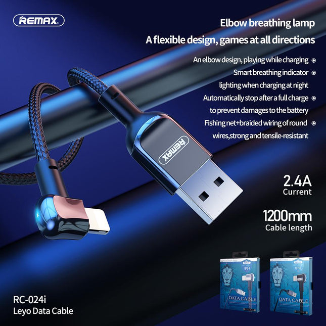 Remax RC - 024i 1.2m 90° USB to 8 - Pin 2.4A Fast Charging Cable - Silver - Go2buy Australia
