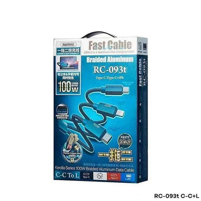 Remax RC - 093t Kerolla 100W 2 - in - 1 USB - C to USB - C & Lightning Cable 1.2m - Blue - Go2buy Australia
