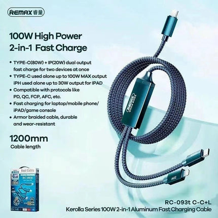 Remax RC - 093t Kerolla 100W 2 - in - 1 USB - C to USB - C & Lightning Cable 1.2m - Blue - Go2buy Australia