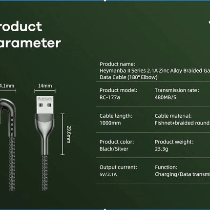 REMAX RC - 177a USB to USB - C 2.1A Heymanba II Gaming Data Cable – Zinc Alloy Braided 90° Elbow Design - Go2buy Australia