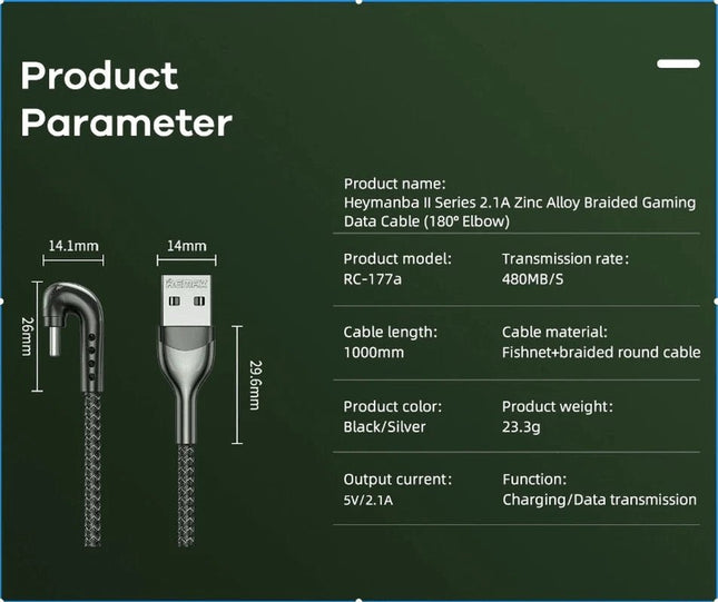 REMAX RC - 177a USB to USB - C 2.1A Heymanba II Gaming Data Cable – Zinc Alloy Braided 90° Elbow Design - Go2buy Australia