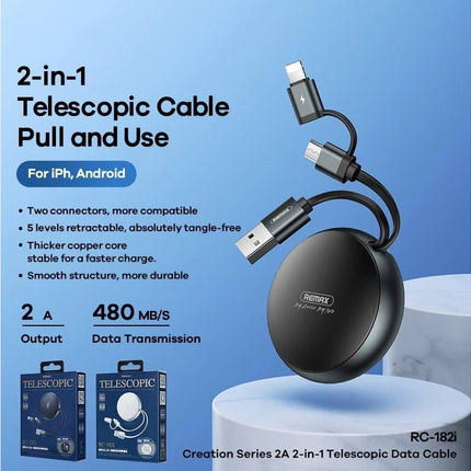 Remax RC - 182i Creation Series 2 - in - 1 Retractable Charging Cable for iPhone (Lightning) and Micro USB - 2A Fast Charge - Go2buy Australia