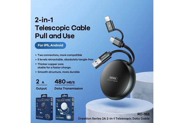 Remax RC - 182i Creation Series 2 - in - 1 Retractable Charging Cable for iPhone (Lightning) and Micro USB - 2A Fast Charge - Go2buy Australia