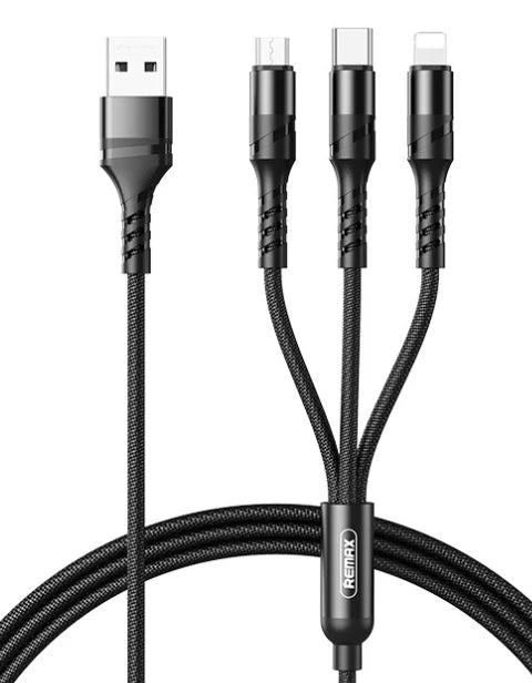 Remax RC - 186th 3 - in - 1 Fast Charging Cable - 1.2M Universal Multi - USB Data Cord (Type - C, Micro, Lightning) - Black - Go2buy Australia