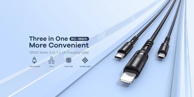 Remax RC - 186th 3 - in - 1 Fast Charging Cable - 1.2M Universal Multi - USB Data Cord (Type - C, Micro, Lightning) - Black - Go2buy Australia