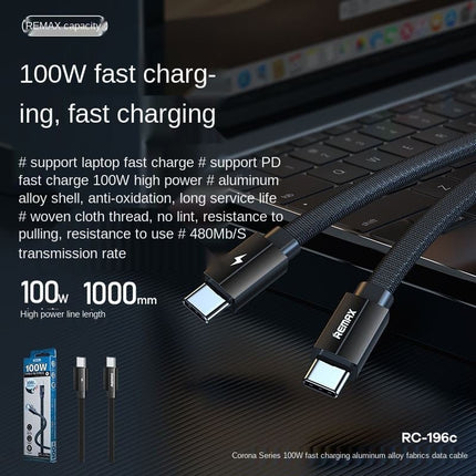 Remax RC - 196c 100W USB - C to USB - C Fast Charging & Data Cable, Tinned Copper Core - Black - Go2buy Australia