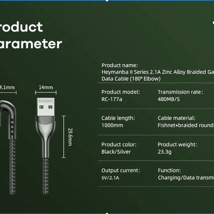 REMAX RC-177a USB to USB-C 2.1A Heymanba II Gaming Data Cable – Zinc Alloy Braided 90° Elbow Design