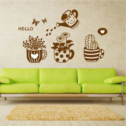 Cute Plant Removable Wall Sticker – Watering Can & Potted Plant Decal