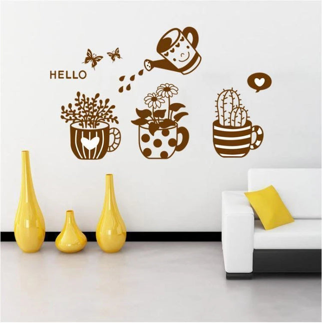 Cute Plant Removable Wall Sticker – Watering Can & Potted Plant Decal