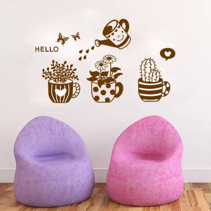 Cute Plant Removable Wall Sticker – Watering Can & Potted Plant Decal