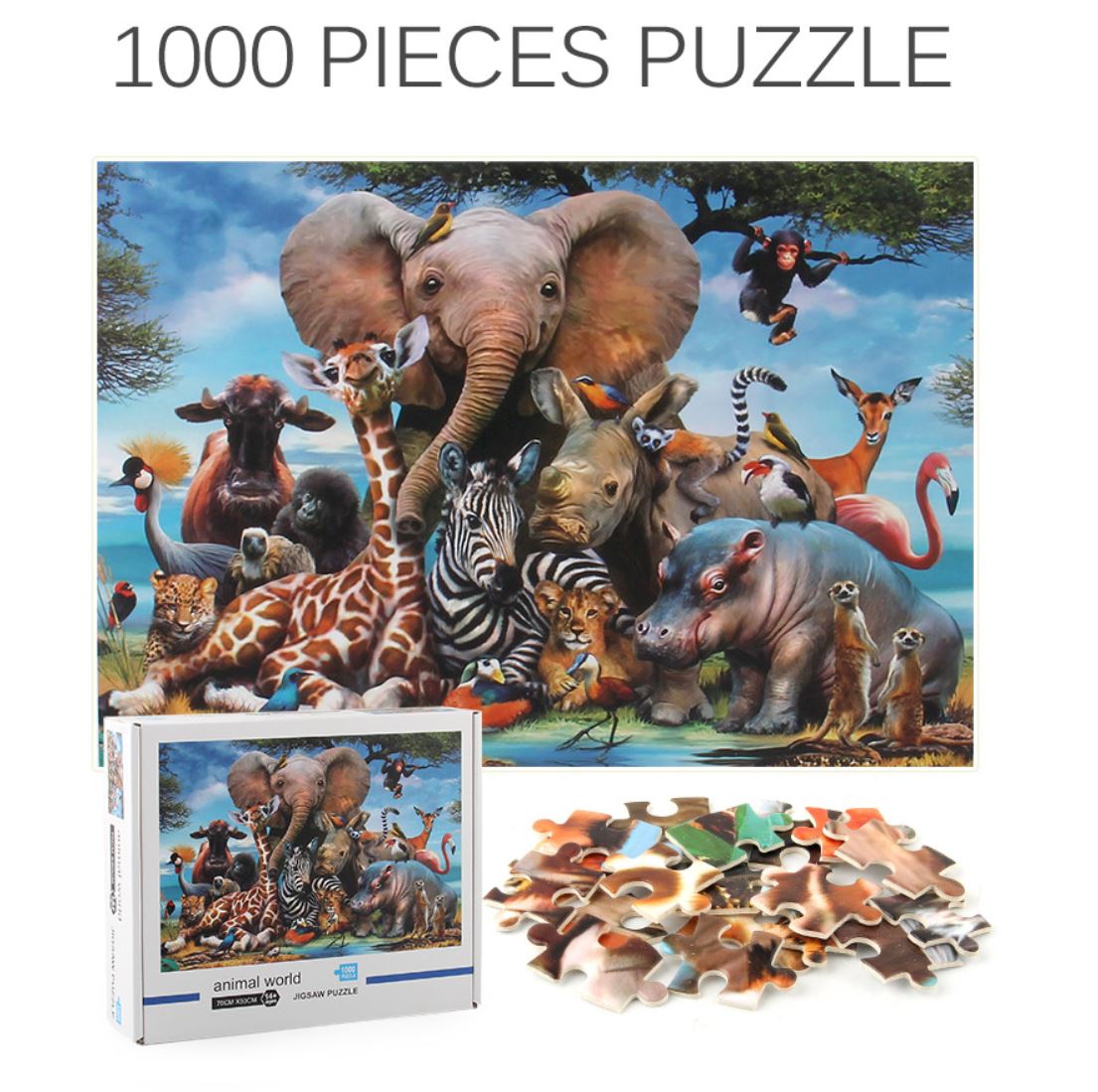 1000Pcs Thick Papers Jigsaw Puzzles Fun Game Challenge Gift For Adults Teens Kids (Animals World) - Go2buy Australia