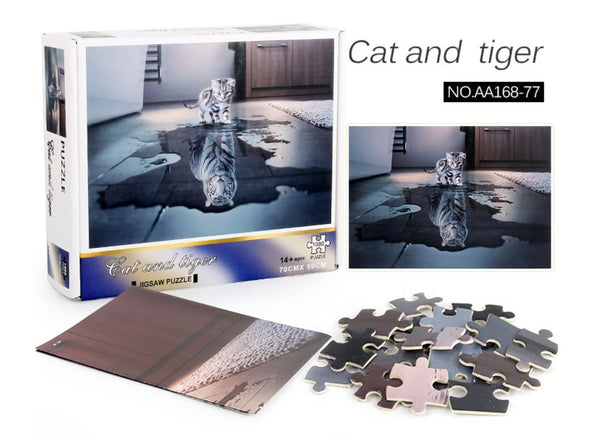 1000Pcs Thick Papers Jigsaw Puzzles Fun Game Challenge Gift For Adults Teens Kids (Cat and Tiger)