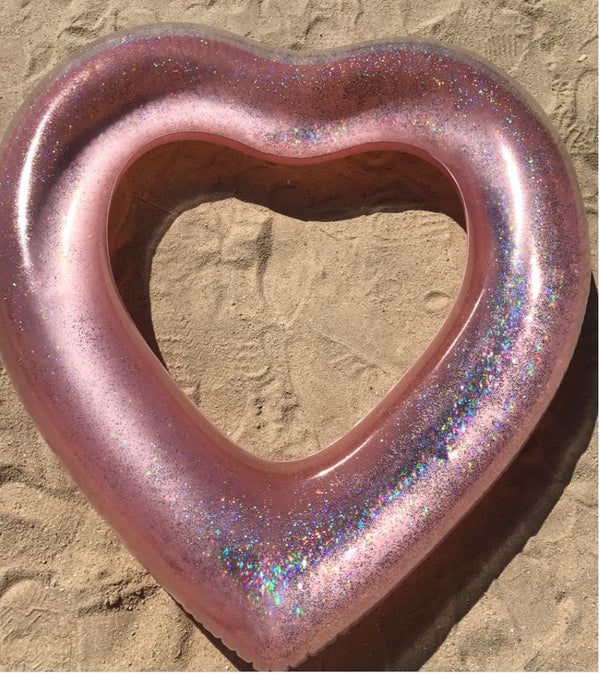 2 Sizes Inflatable Pool Float Swim Ring Heart Shape Rose Gold Glitter