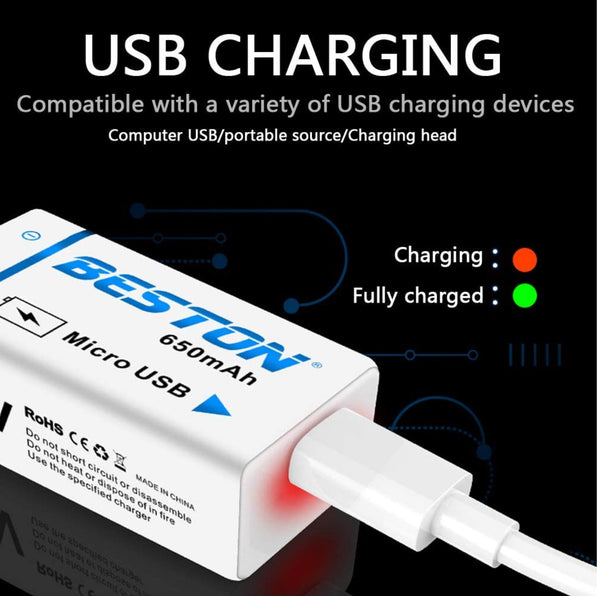 Beston Micro USB 9v Rechargeable Battery Li-ion Battery 9000mWh With cable 1500+ Recharge Cycles