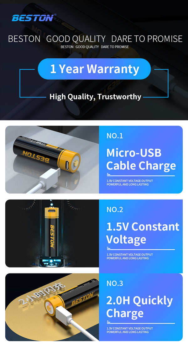 Beston Micro USB AAA/AA Rechargeable Battery Li-ion Battery 3500mWh With cable