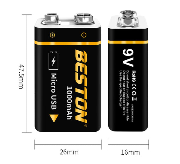 Beston Micro USB 9v Rechargeable Battery Li-ion Battery 9000mWh With cable 1500+ Recharge Cycles