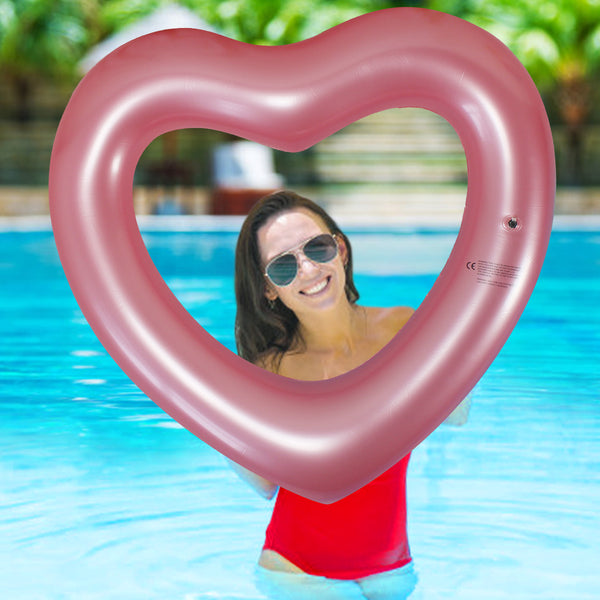 2 Sizes Inflatable Pool Float Swim Ring Heart Shape Rose Gold Glitter