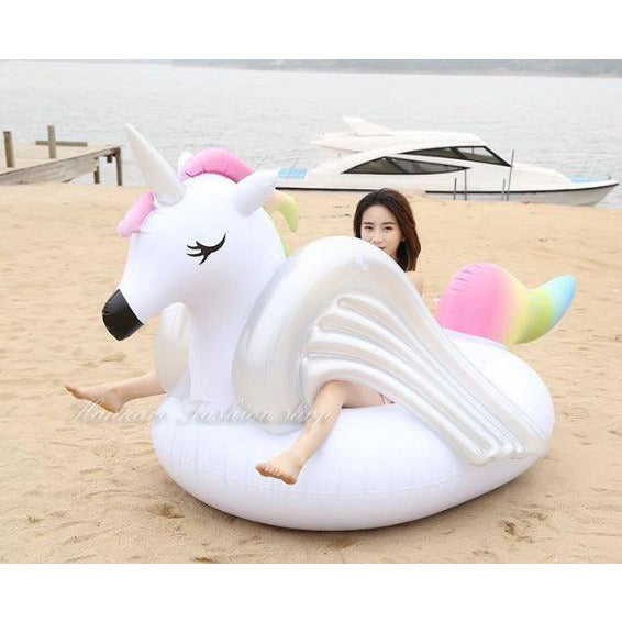 Giant Inflatable Rainbow Unicorn With Silver Wings Pool Float Raft 275X142X120cm