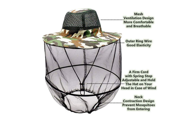 Camouflage Hat with Mosquito Net Bee Fishing Repellent Mesh Camping Hiking Camo