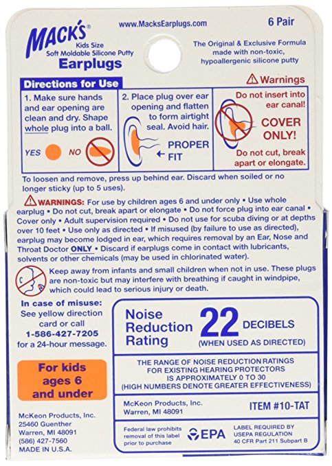 6 Pairs Macks Soft Moldable Silicone Kids Earplugs Swim Study Sleep