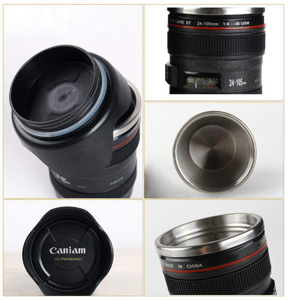 DSLR 24-105mm Camera Lens Cup Stainless Steel Coffee Tea Mug 400ML Drink